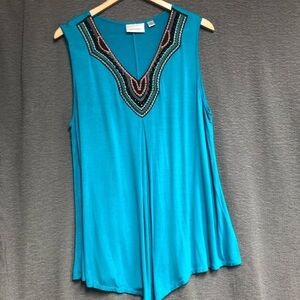 Avenue 14/16 teal tank top with embroidered and beaded neck long flowing